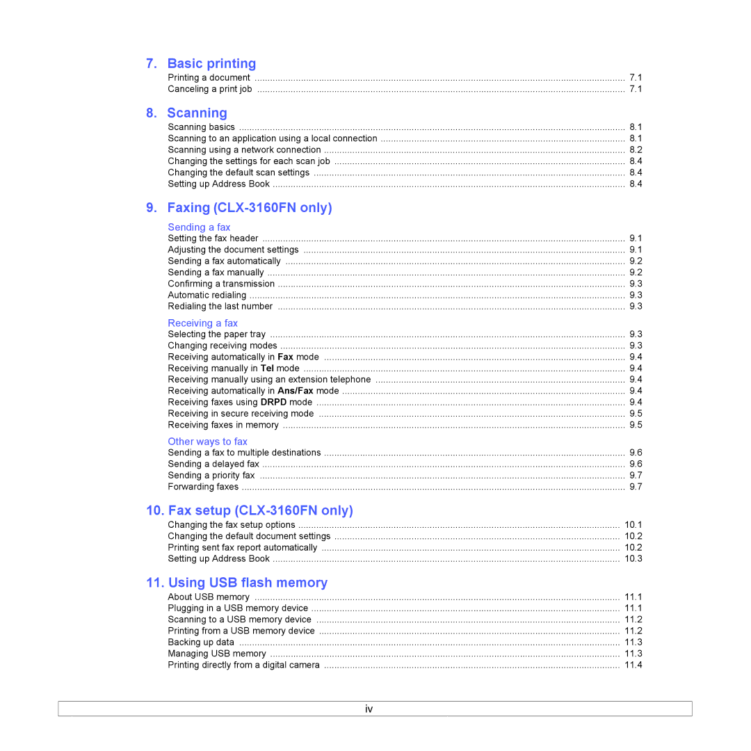 Samsung manual Basic printing, Scanning, Faxing CLX-3160FN only, Fax setup CLX-3160FN only, Using USB flash memory 