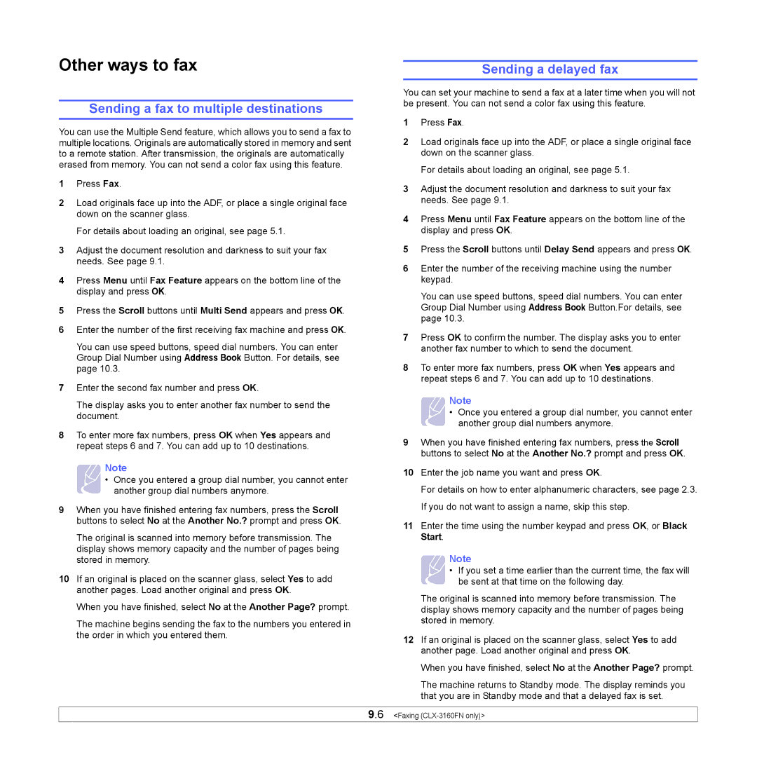 Samsung CLX-3160 manual Sending a fax to multiple destinations, Sending a delayed fax 