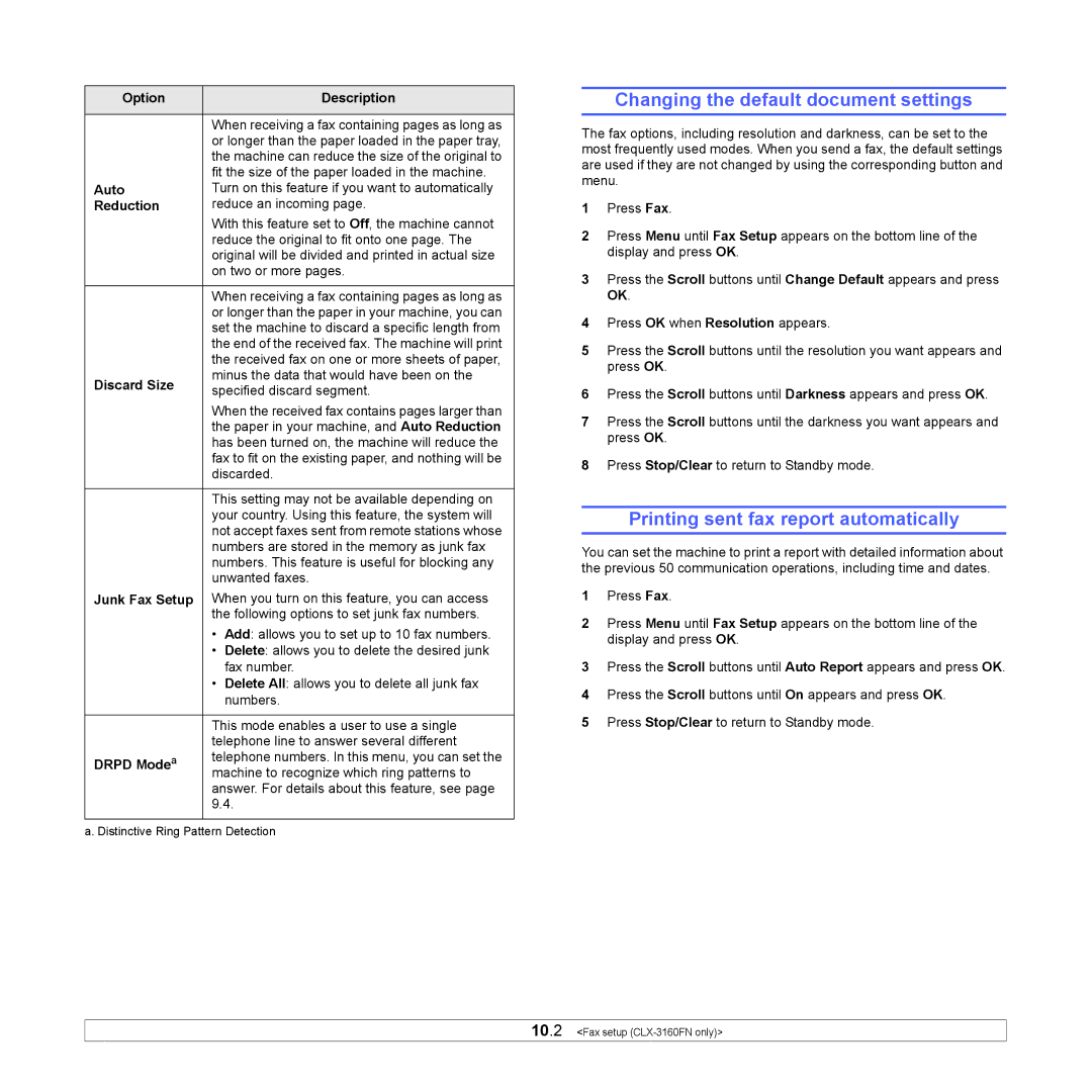 Samsung CLX-3160 manual Changing the default document settings, Printing sent fax report automatically 