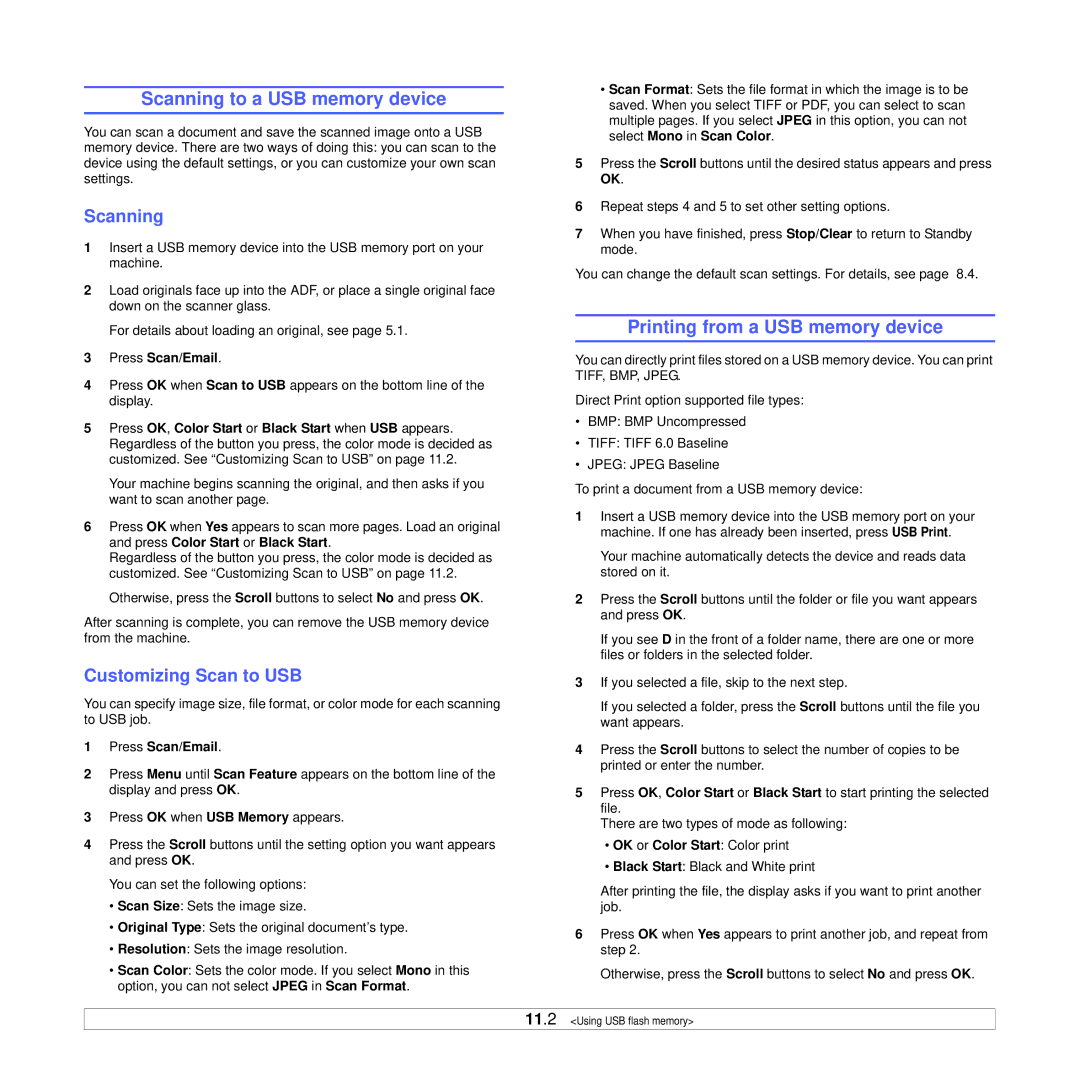 Samsung CLX-3160 manual Scanning to a USB memory device, Printing from a USB memory device, Customizing Scan to USB 