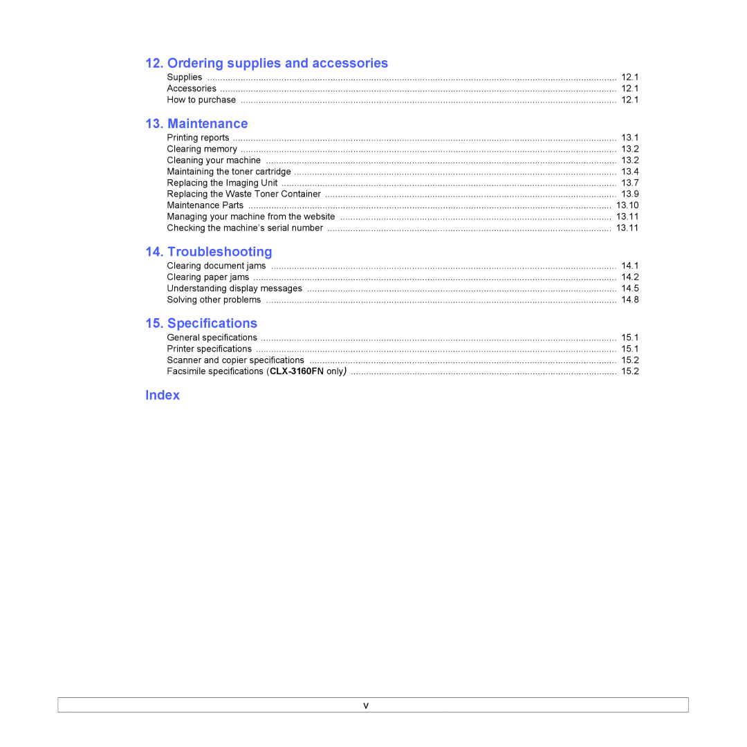 Samsung CLX-3160 manual Ordering supplies and accessories, Maintenance, Troubleshooting, Specifications, Index 