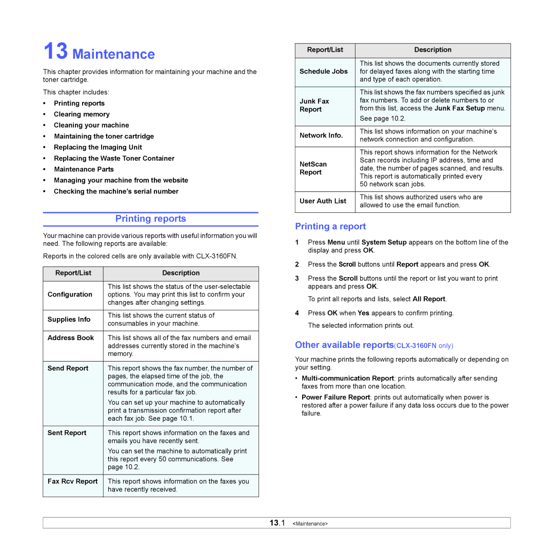 Samsung manual Maintenance, Printing reports, Printing a report, Other available reportsCLX-3160FNonly 