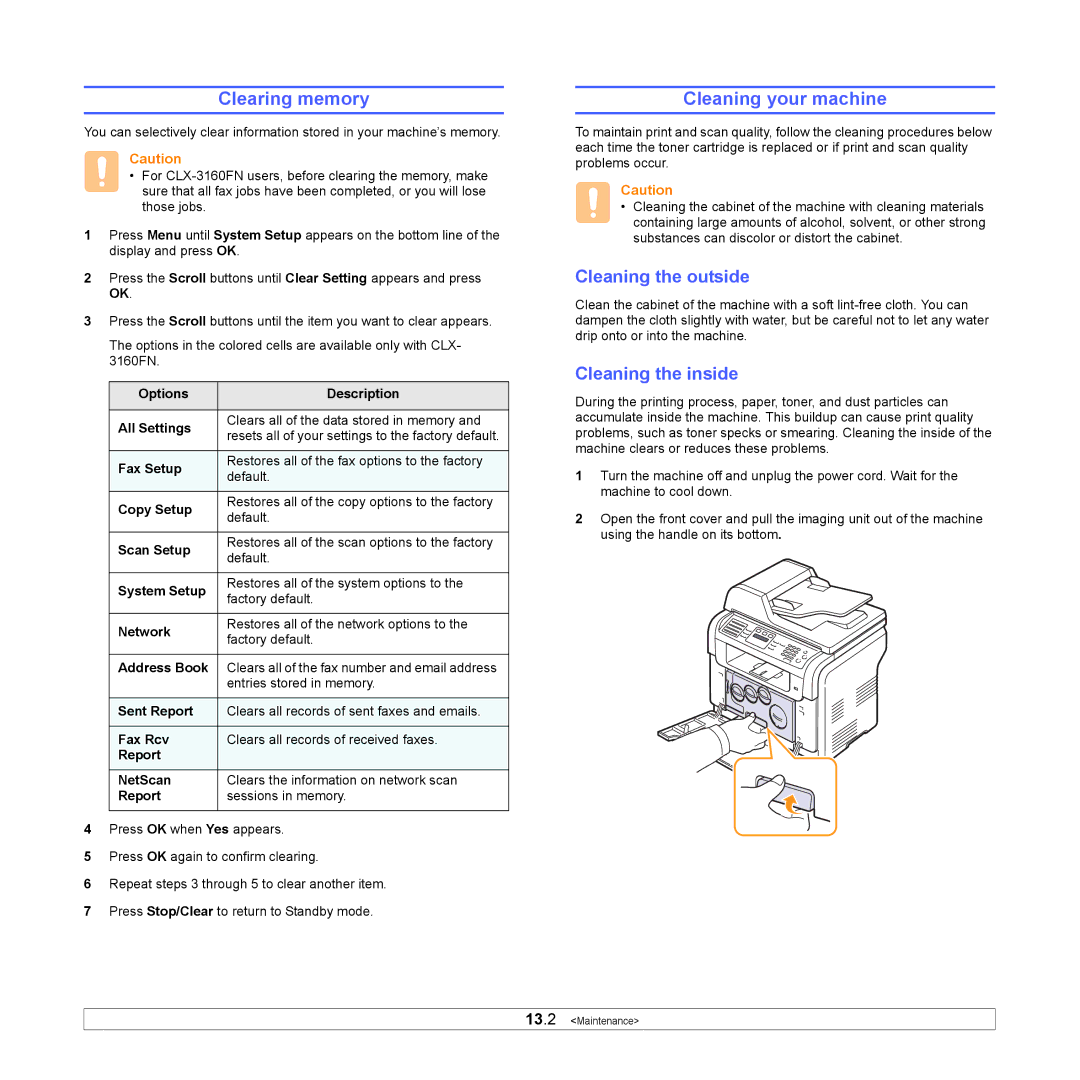 Samsung CLX-3160 manual Clearing memory, Cleaning your machine, Cleaning the outside, Cleaning the inside 