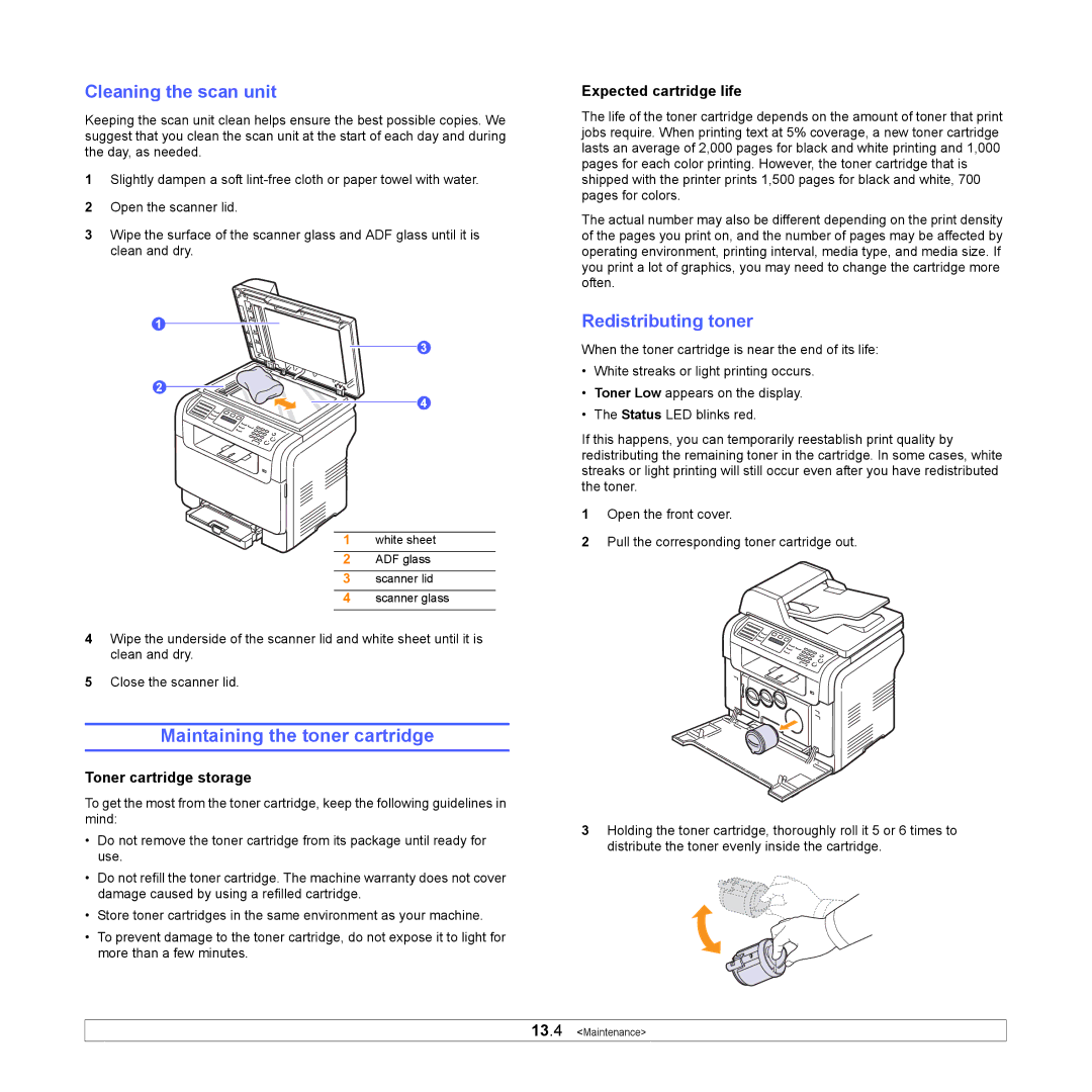 Samsung CLX-3160 Maintaining the toner cartridge, Cleaning the scan unit, Redistributing toner, Toner cartridge storage 