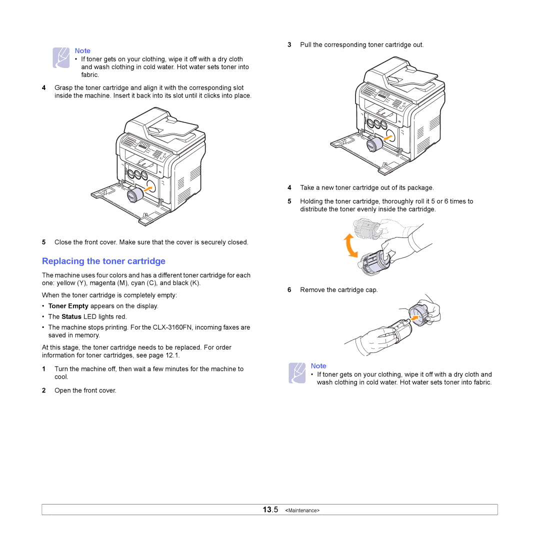 Samsung CLX-3160 manual Replacing the toner cartridge 