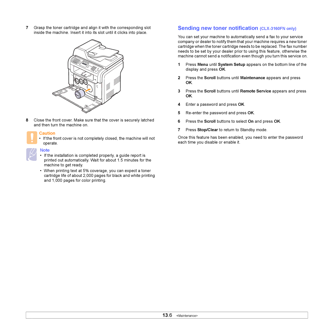 Samsung manual Sending new toner notification CLX-3160FN only 