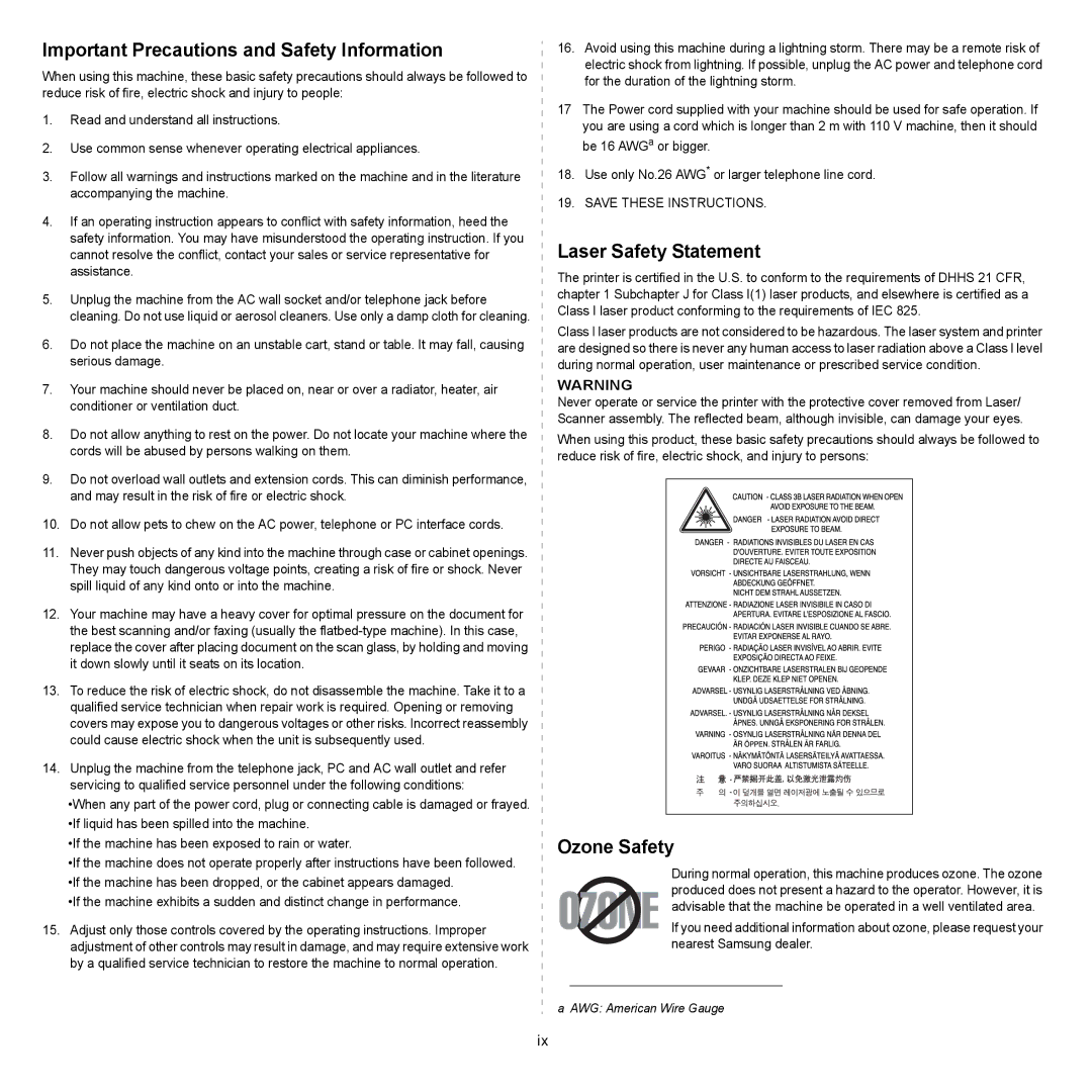 Samsung CLX-3160 manual Important Precautions and Safety Information 