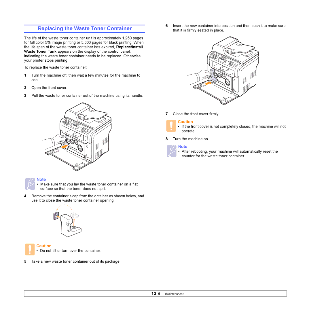 Samsung CLX-3160 manual Replacing the Waste Toner Container 