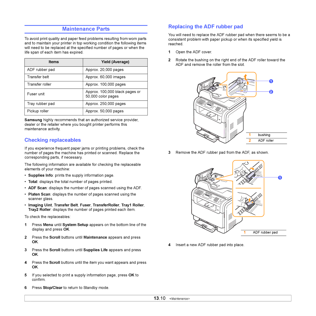 Samsung CLX-3160 manual Maintenance Parts, Checking replaceables, Replacing the ADF rubber pad, Items Yield Average 