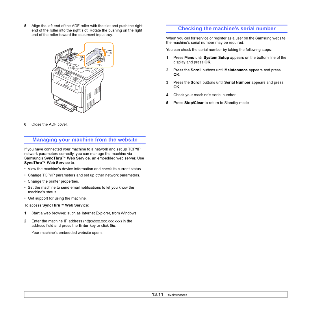 Samsung CLX-3160 manual Managing your machine from the website, Checking the machine’s serial number 