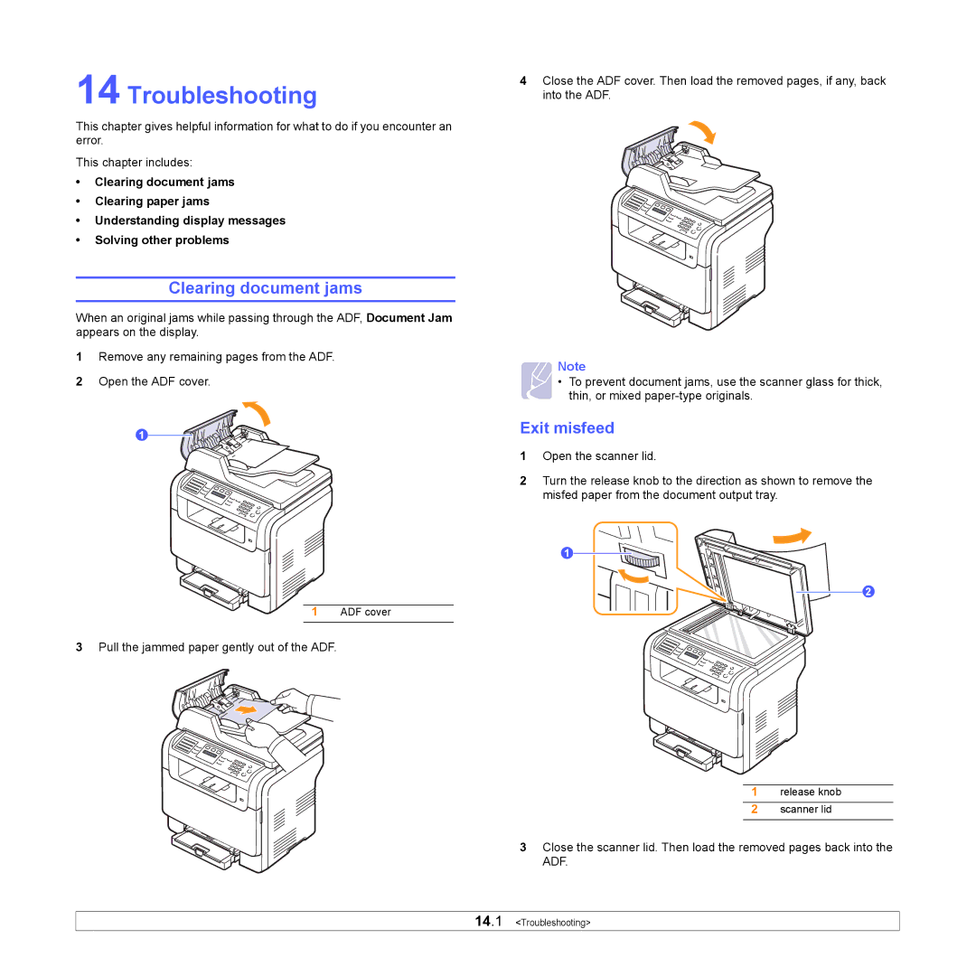 Samsung CLX-3160 manual Troubleshooting, Clearing document jams, Exit misfeed 