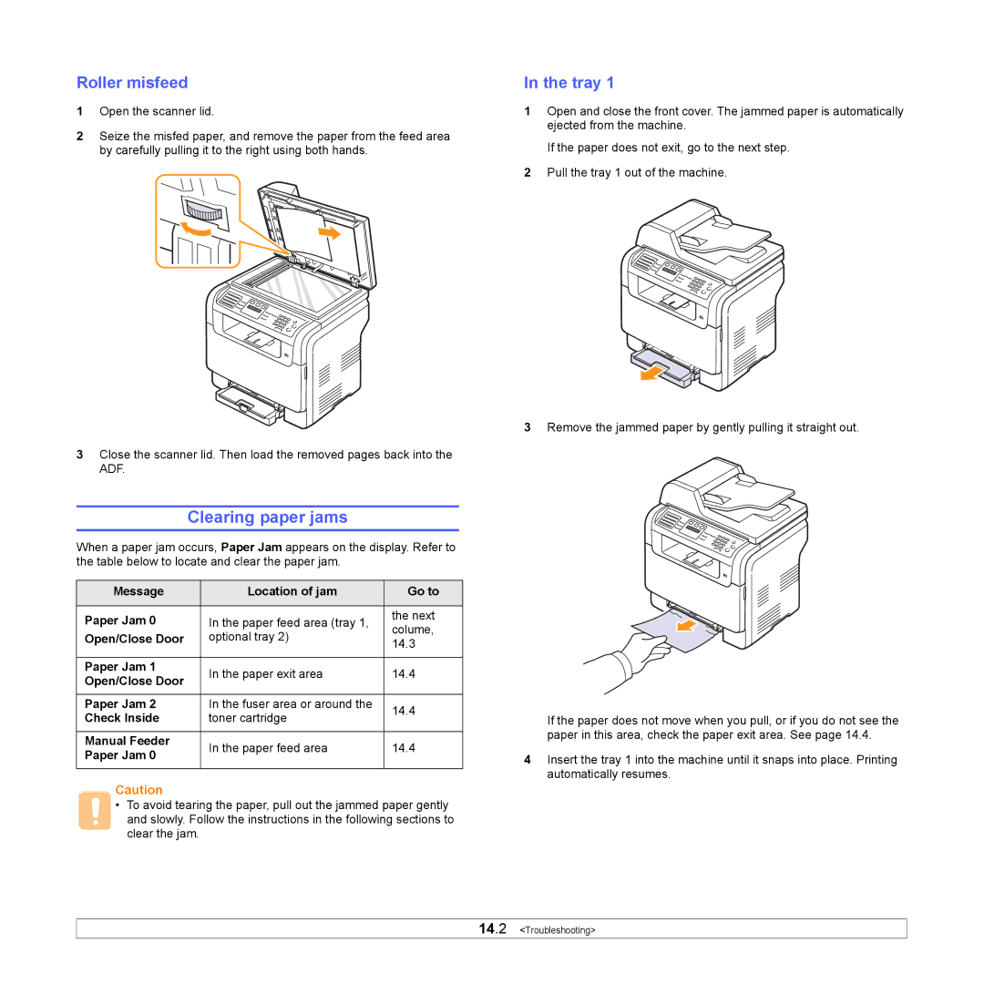 Samsung CLX-3160 manual Clearing paper jams, Roller misfeed 