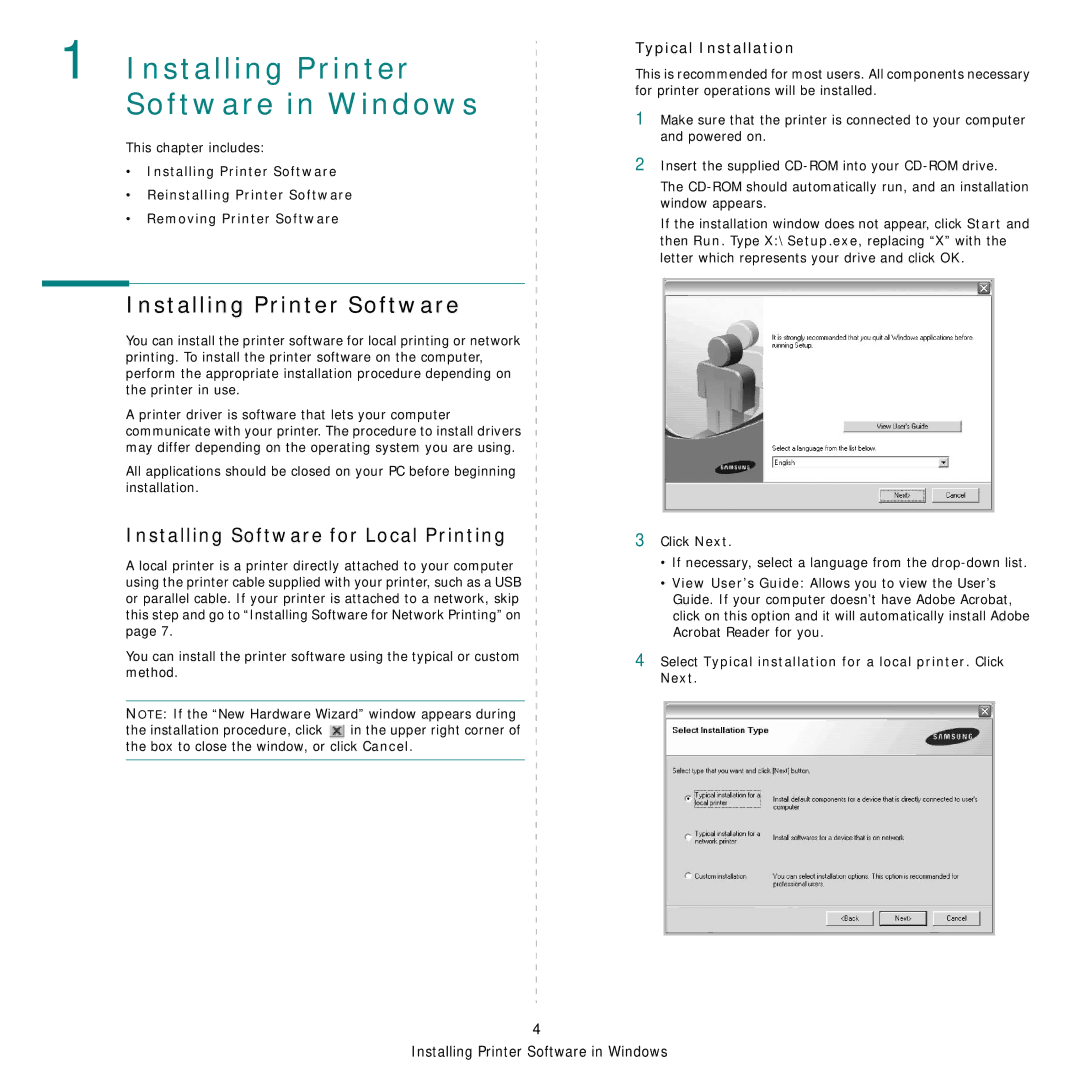 Samsung CLX-3160 manual Installing Printer Software, Installing Software for Local Printing, Typical Installation 