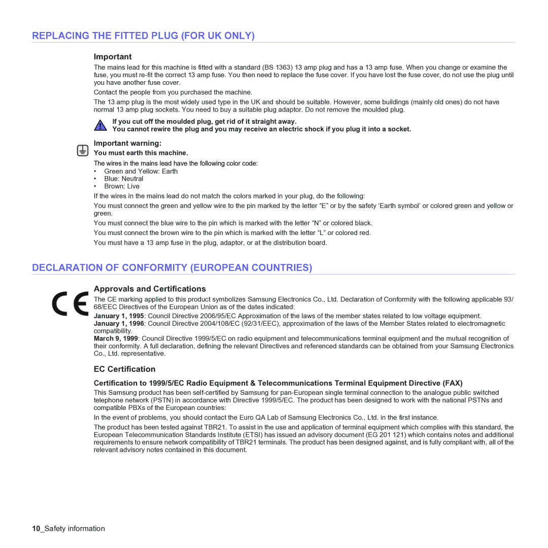 Samsung CLX-3170 Replacing the Fitted Plug for UK only, Declaration of Conformity European Countries, EC Certification 