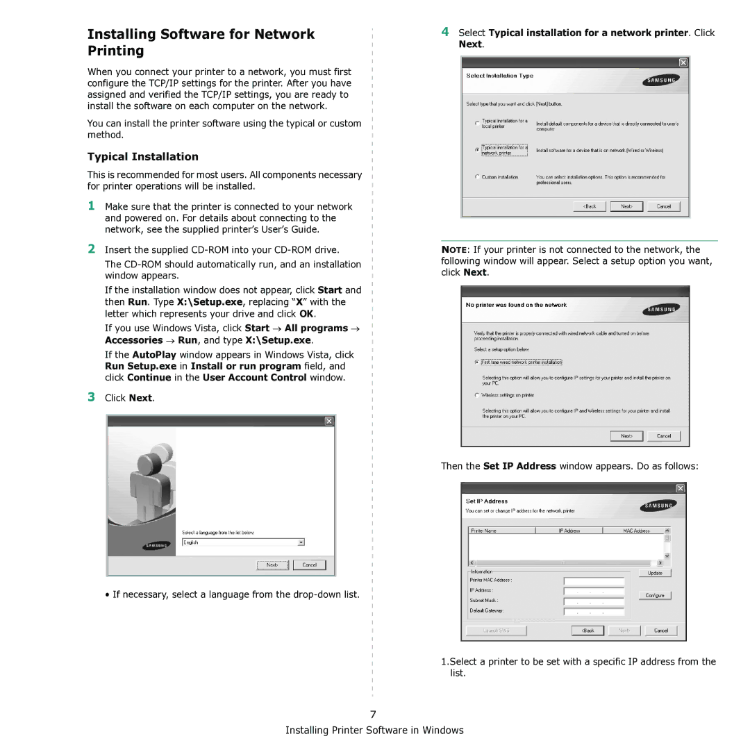 Samsung CLX-3170 manual Installing Software for Network Printing, Typical Installation 