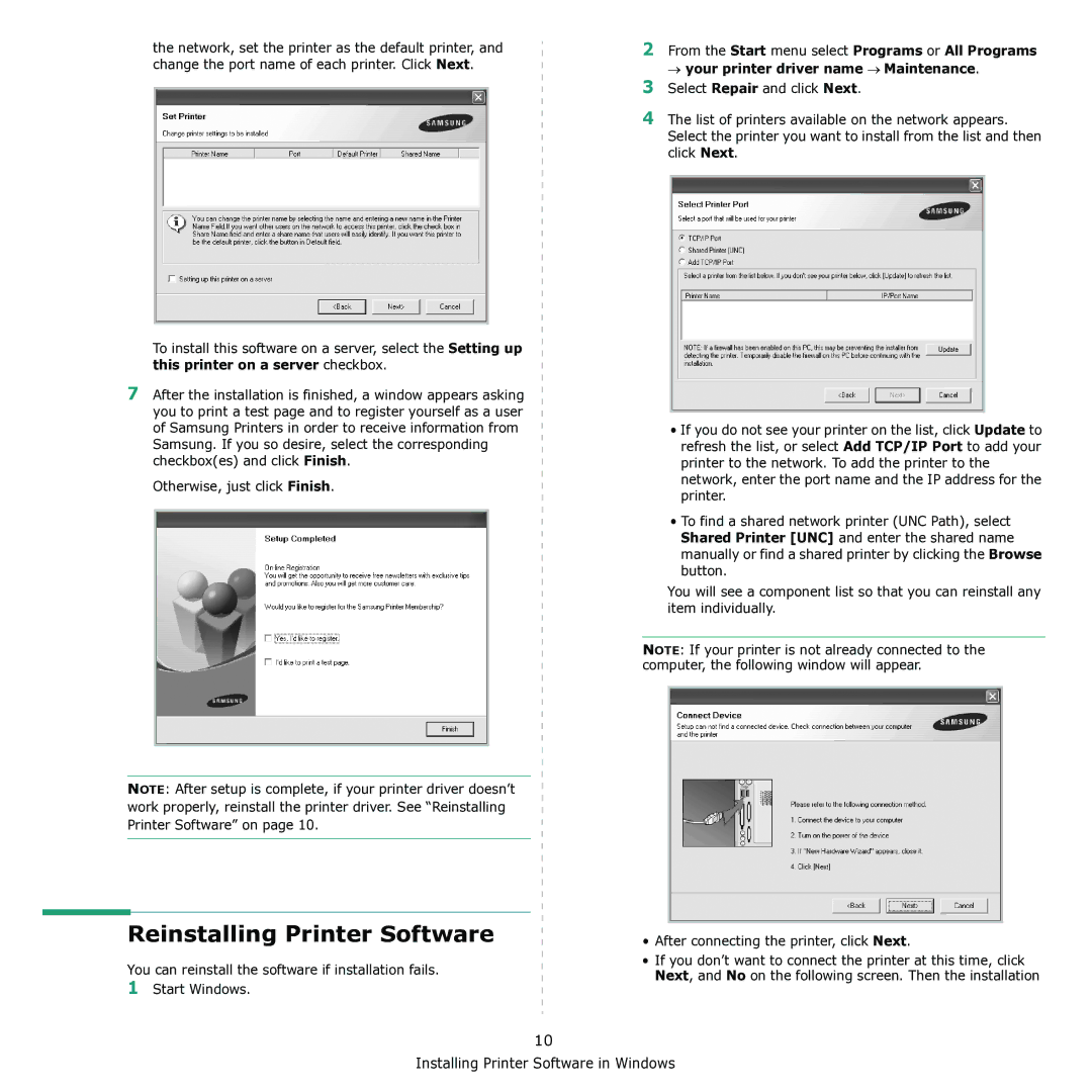 Samsung CLX-3170 manual Reinstalling Printer Software 