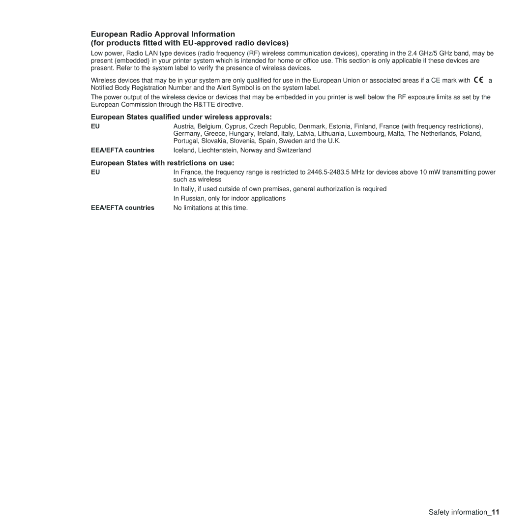 Samsung CLX-3170 manual European States qualified under wireless approvals, EEA/EFTA countries 