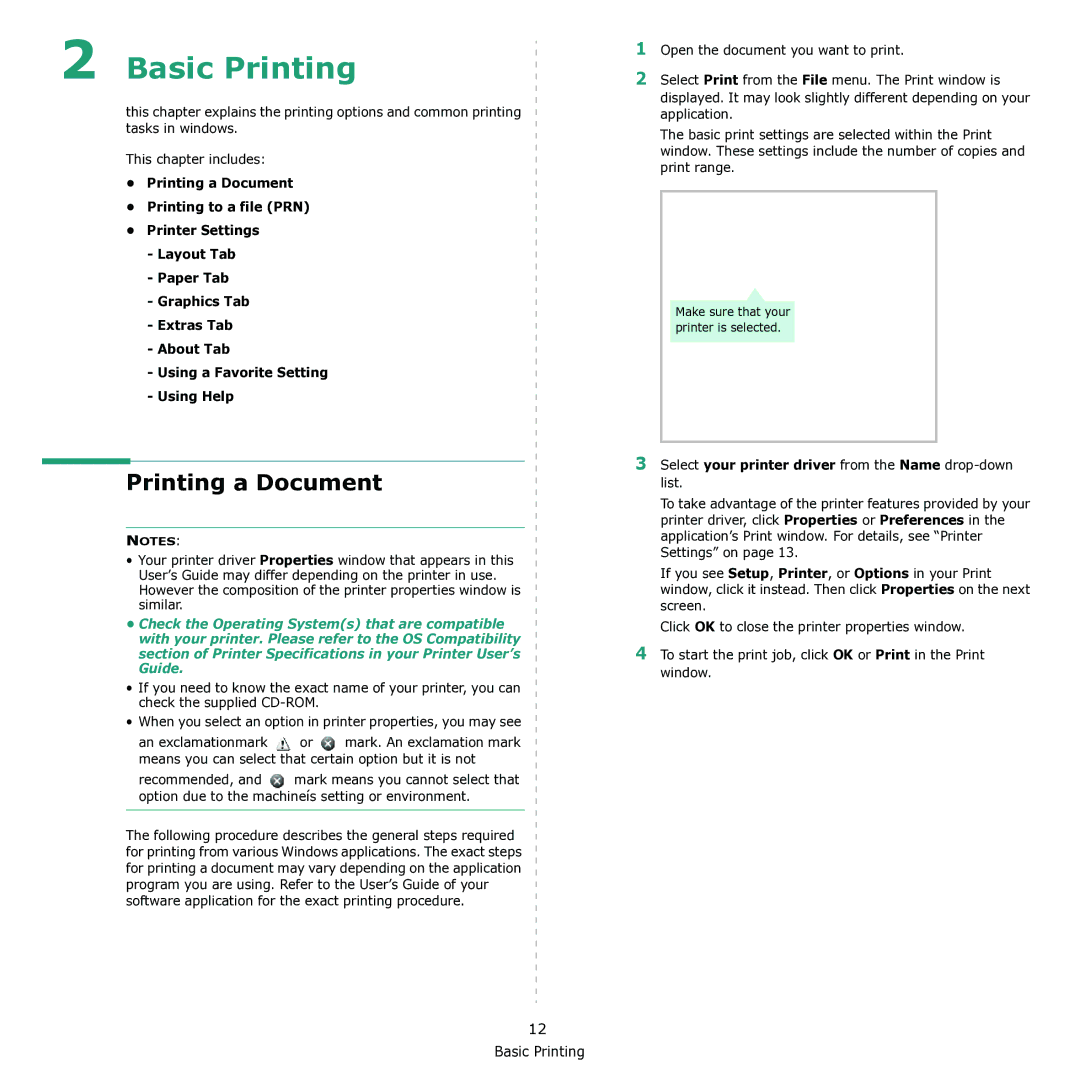 Samsung CLX-3170 manual Printing a Document, Select your printer driver from the Name drop-down list 