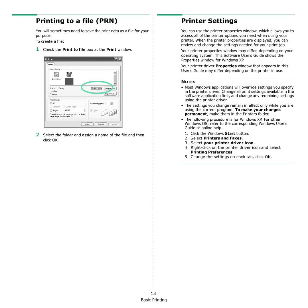 Samsung CLX-3170 manual Printing to a file PRN, Printer Settings, Select Printers and Faxes Select your printer driver icon 