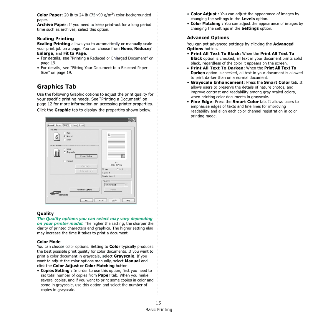 Samsung CLX-3170 manual Graphics Tab, Scaling Printing, Quality, Advanced Options, Color Mode 