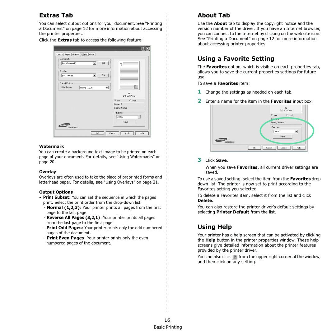 Samsung CLX-3170 manual Extras Tab, About Tab, Using a Favorite Setting, Using Help 