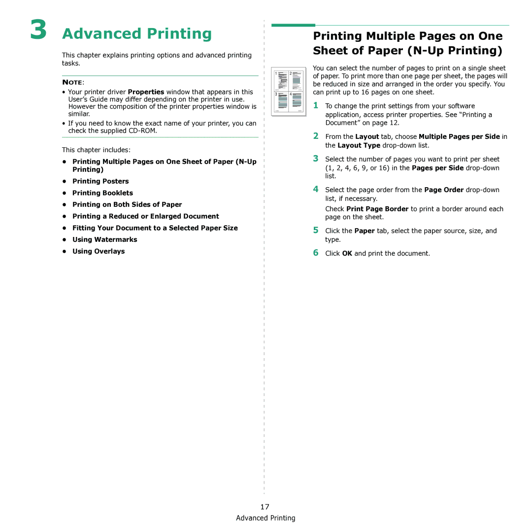 Samsung CLX-3170 manual Advanced Printing, Printing Multiple Pages on One Sheet of Paper N-Up Printing 