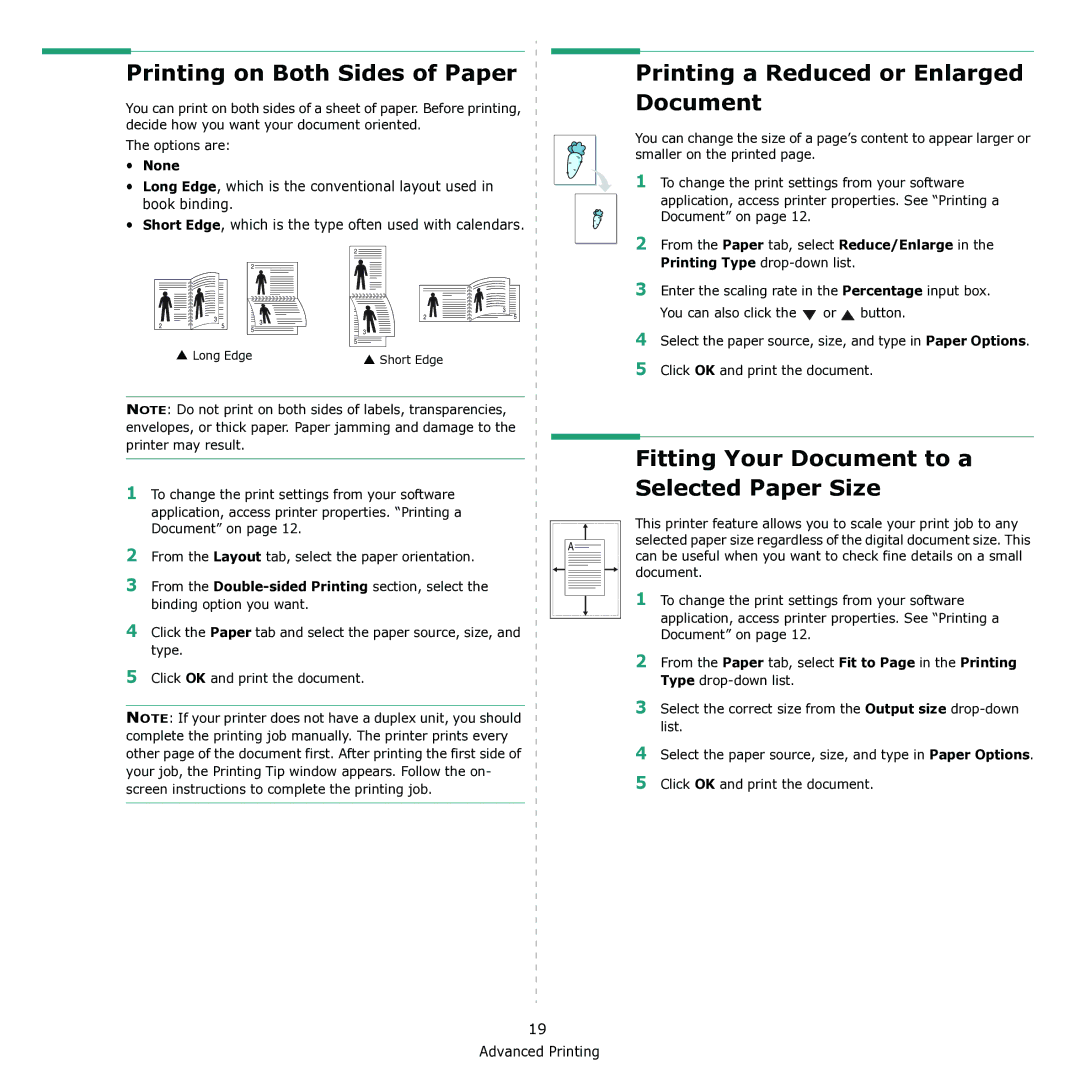 Samsung CLX-3170 manual Printing on Both Sides of Paper, Printing a Reduced or Enlarged Document, None 