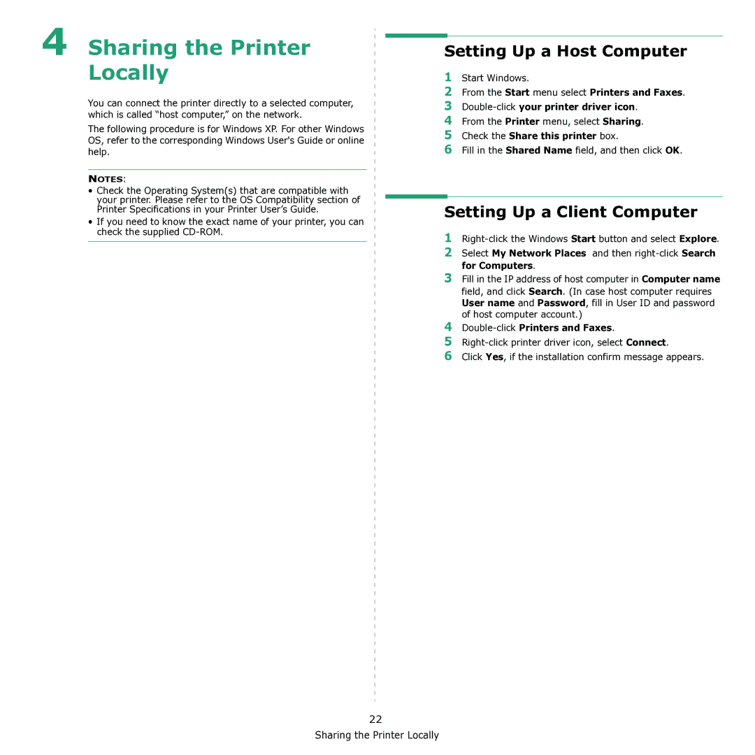 Samsung CLX-3170 manual Setting Up a Host Computer, Setting Up a Client Computer, Check the Share this printer box 