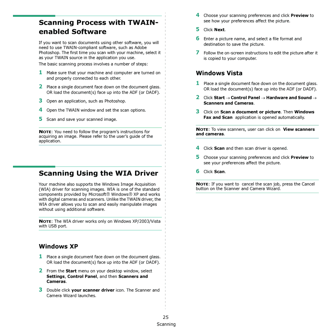 Samsung CLX-3170 Scanning Process with TWAIN- enabled Software, Scanning Using the WIA Driver, Windows XP, Windows Vista 