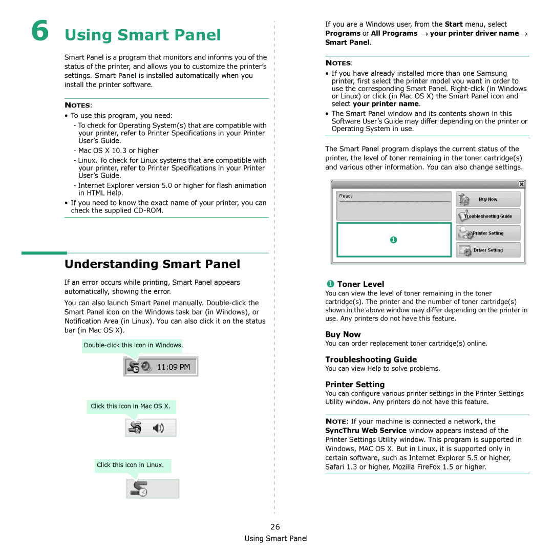 Samsung CLX-3170 manual Understanding Smart Panel, Toner Level, Buy Now, Troubleshooting Guide, Printer Setting 