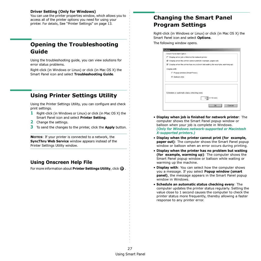 Samsung CLX-3170 manual Opening the Troubleshooting Guide, Changing the Smart Panel Program Settings 