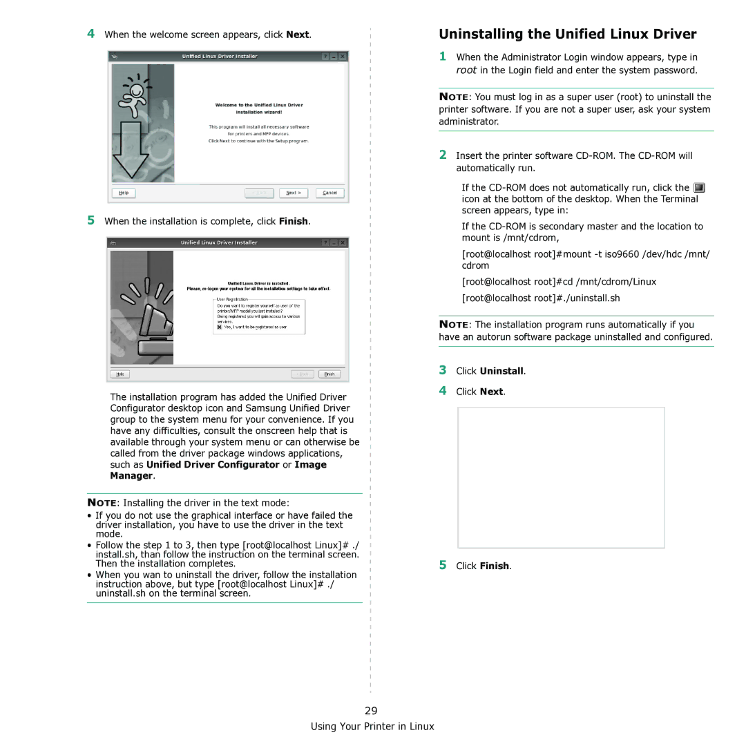 Samsung CLX-3170 manual Uninstalling the Unified Linux Driver, Click Uninstall 