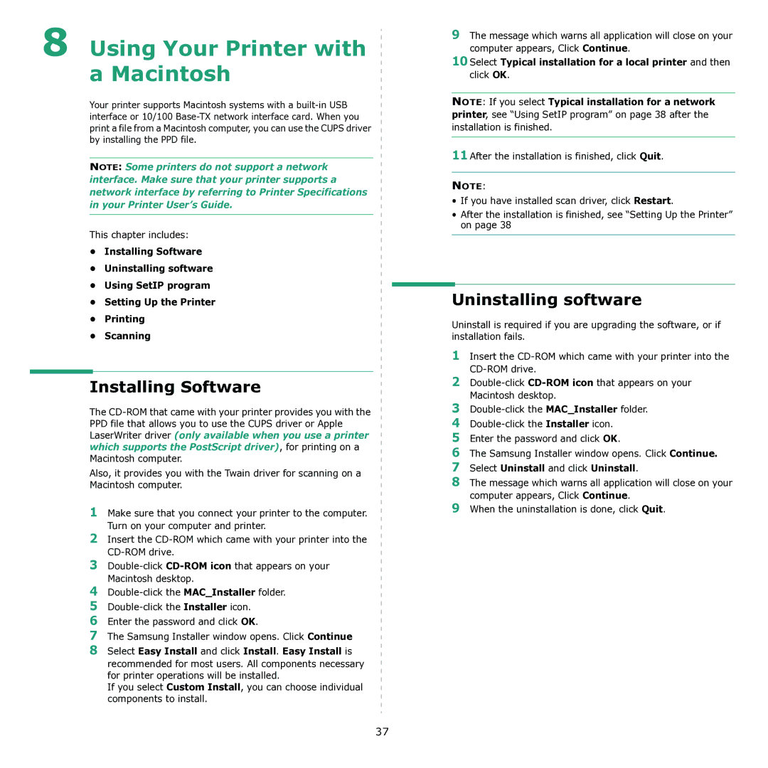 Samsung CLX-3170 manual Installing Software, Uninstalling software, Select Easy Install and click Install. Easy Install is 