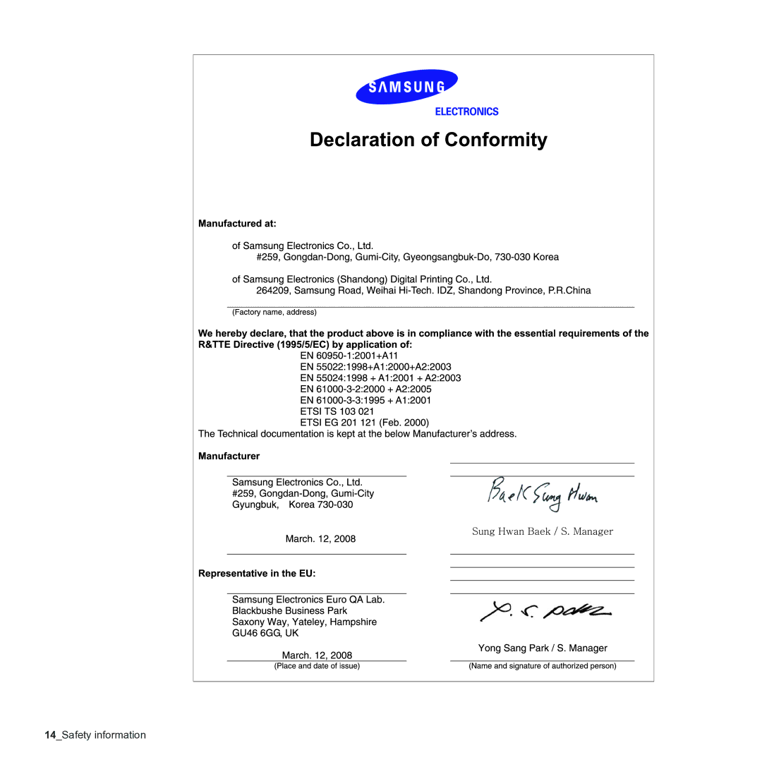 Samsung CLX-3170 manual 14Safety information 