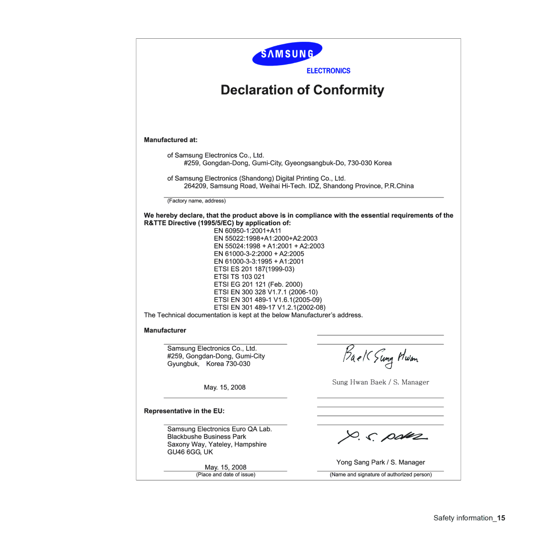 Samsung CLX-3170 manual Safety information15 