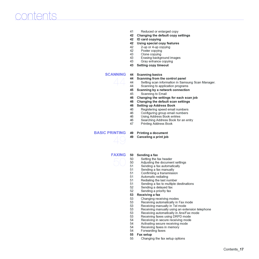 Samsung CLX-3170 Scanning by a network connection, Printing a document Canceling a print job Sending a fax, Fax setup 