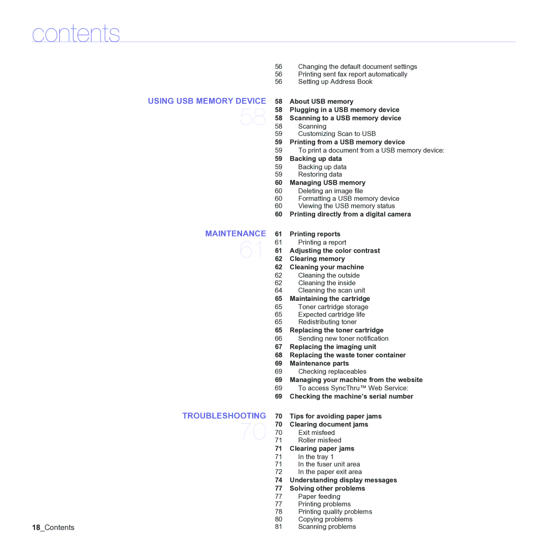 Samsung CLX-3170 manual Using USB Memory Device Maintenance Troubleshooting 