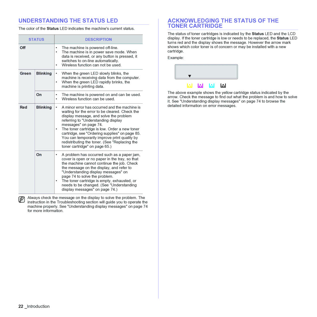 Samsung CLX-3170 manual Understanding the Status LED, Acknowledging the Status of the Toner Cartridge, Status Description 