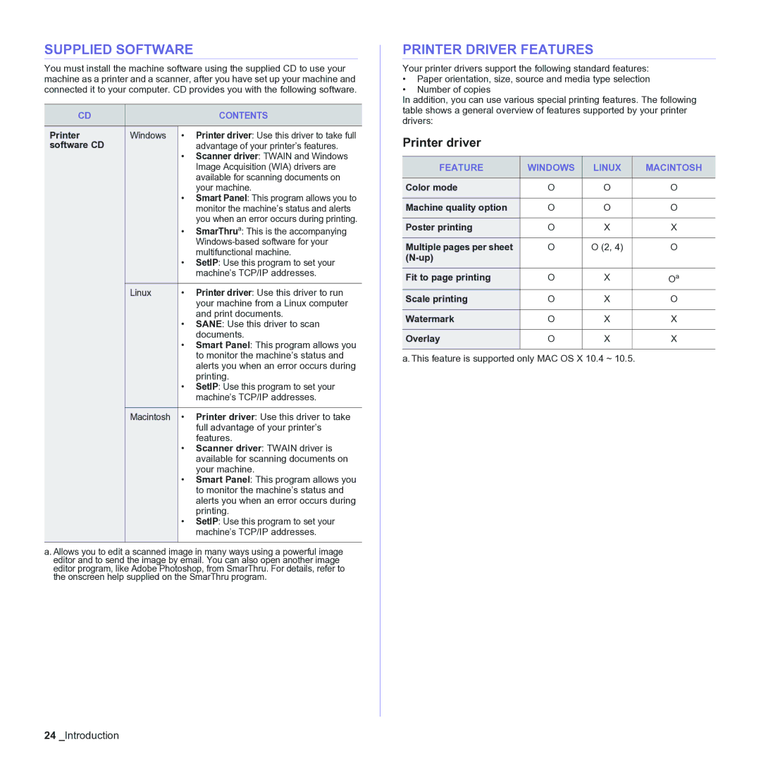 Samsung CLX-3170 Supplied Software, Printer Driver Features, Printer driver, Contents, Feature Windows Linux Macintosh 