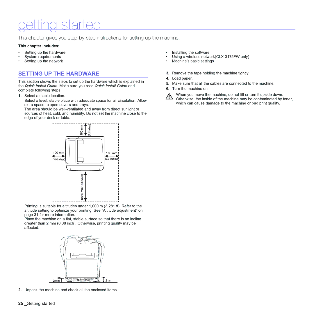 Samsung CLX-3170 manual Getting started, Setting UP the Hardware 