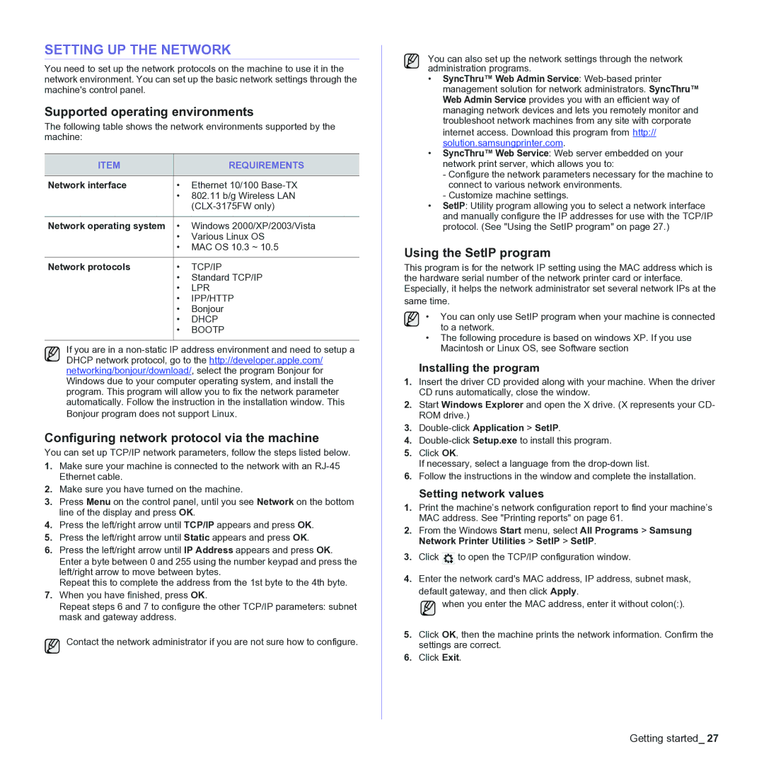 Samsung CLX-3170 Setting UP the Network, Supported operating environments, Configuring network protocol via the machine 