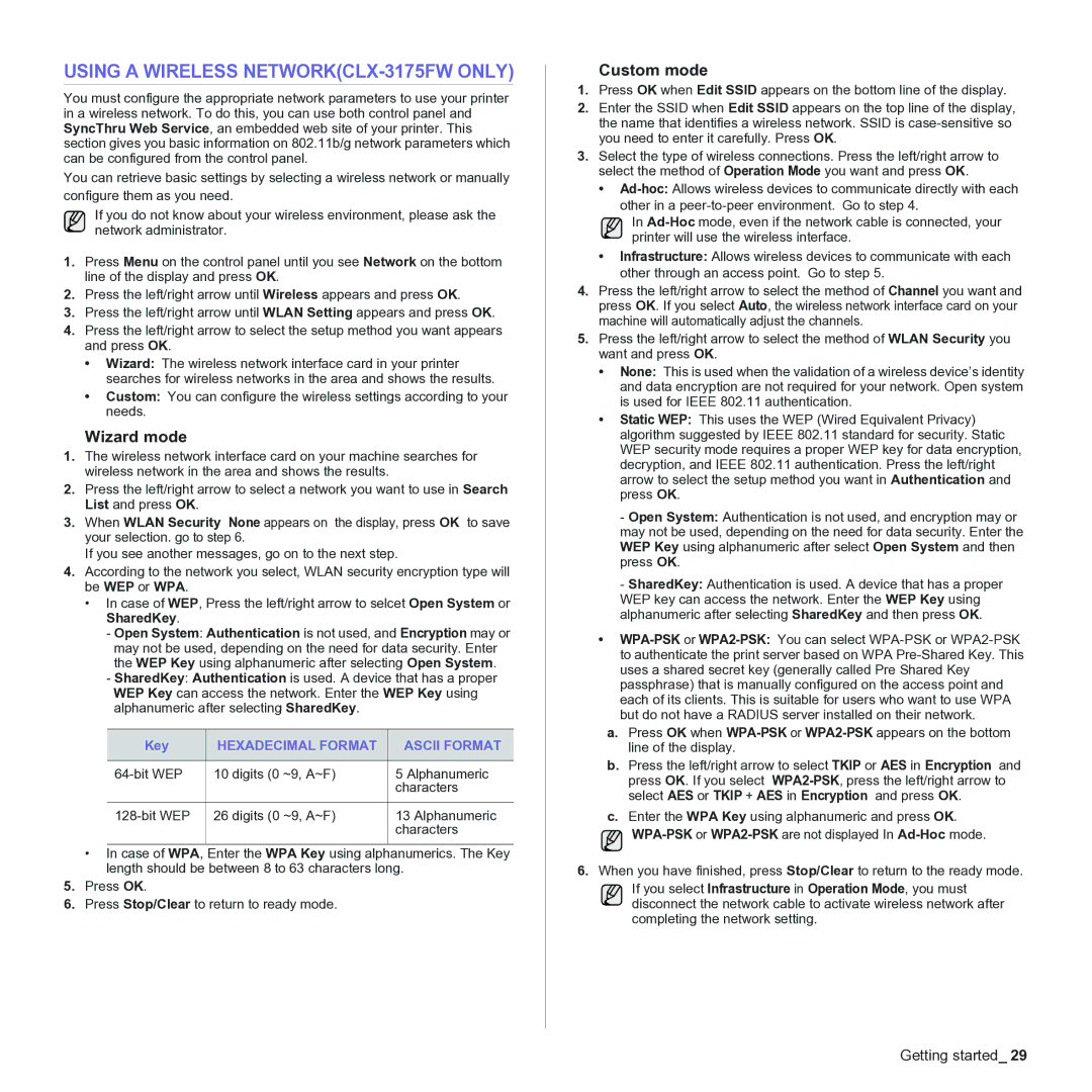 Samsung CLX-3170 manual Using a Wireless NETWORKCLX-3175FW only, Wizard mode, Custom mode, Hexadecimal Format Ascii Format 