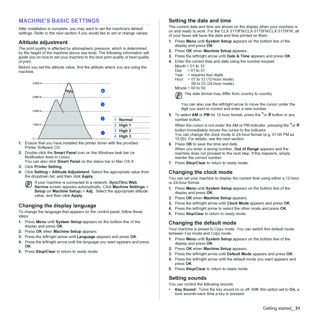 Samsung CLX-3170 manual Machines Basic Settings 