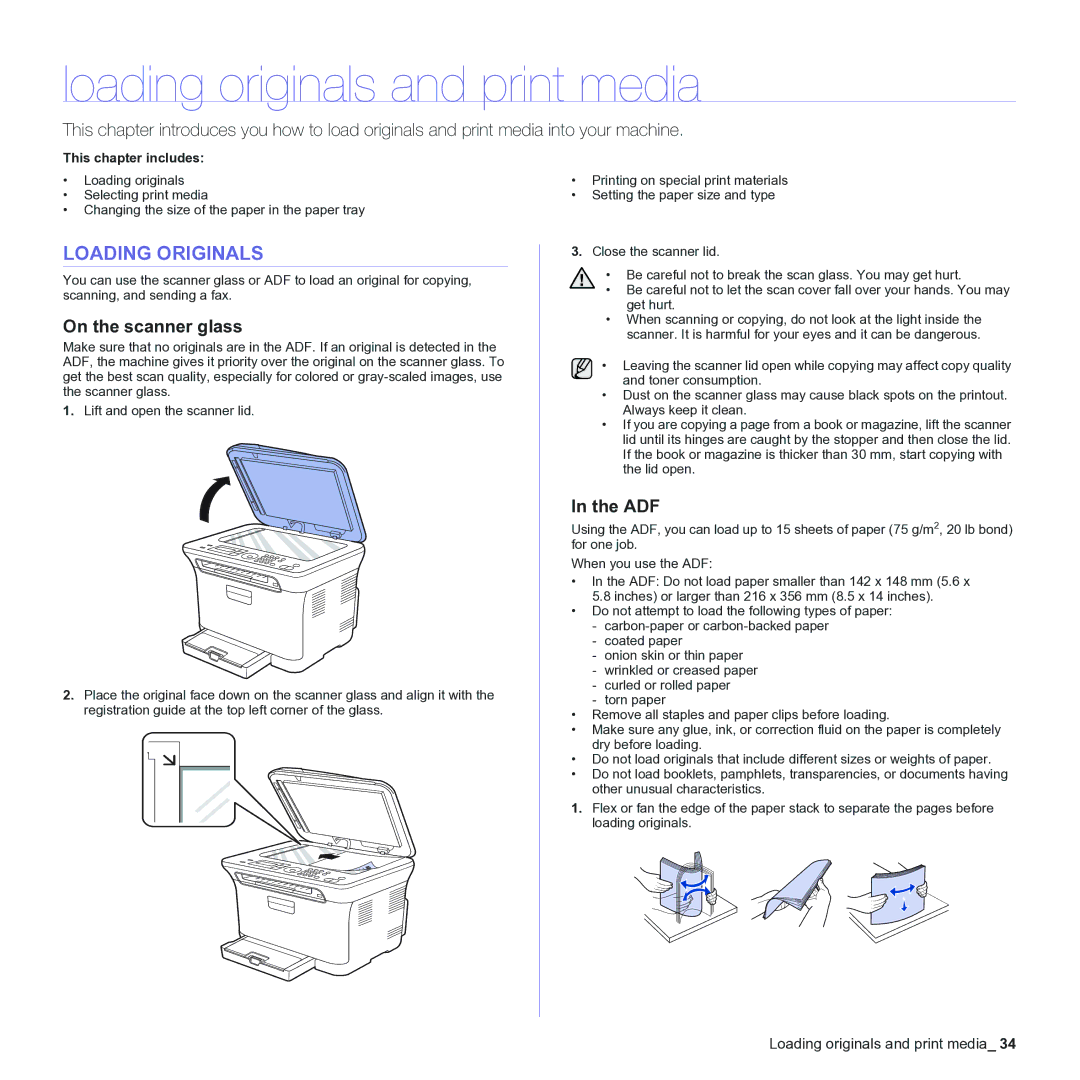 Samsung CLX-3170 manual Loading originals and print media, Loading Originals, On the scanner glass, Adf 