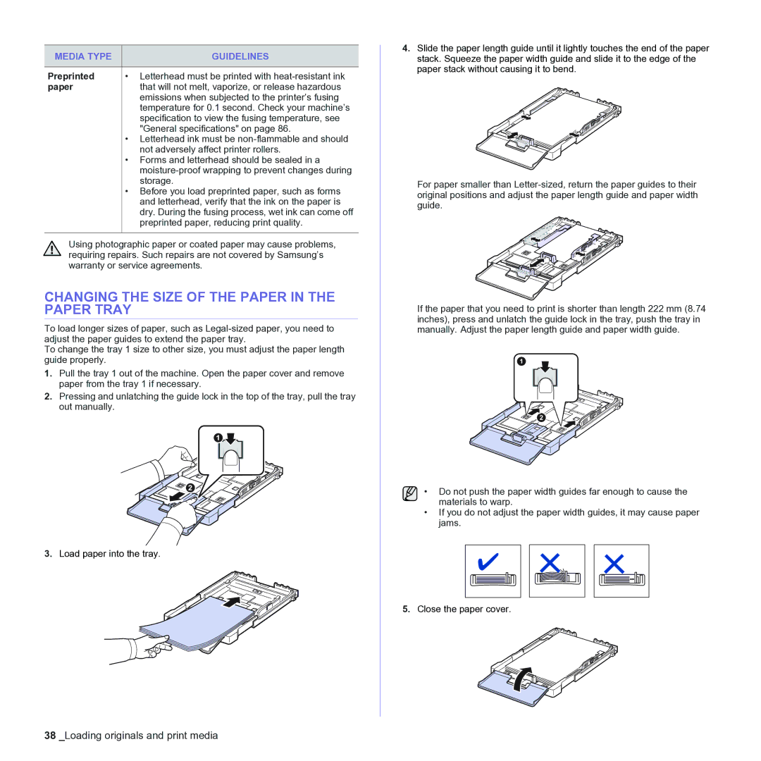 Samsung CLX-3170 manual Changing the Size of the Paper in the Paper Tray, Preprinted 