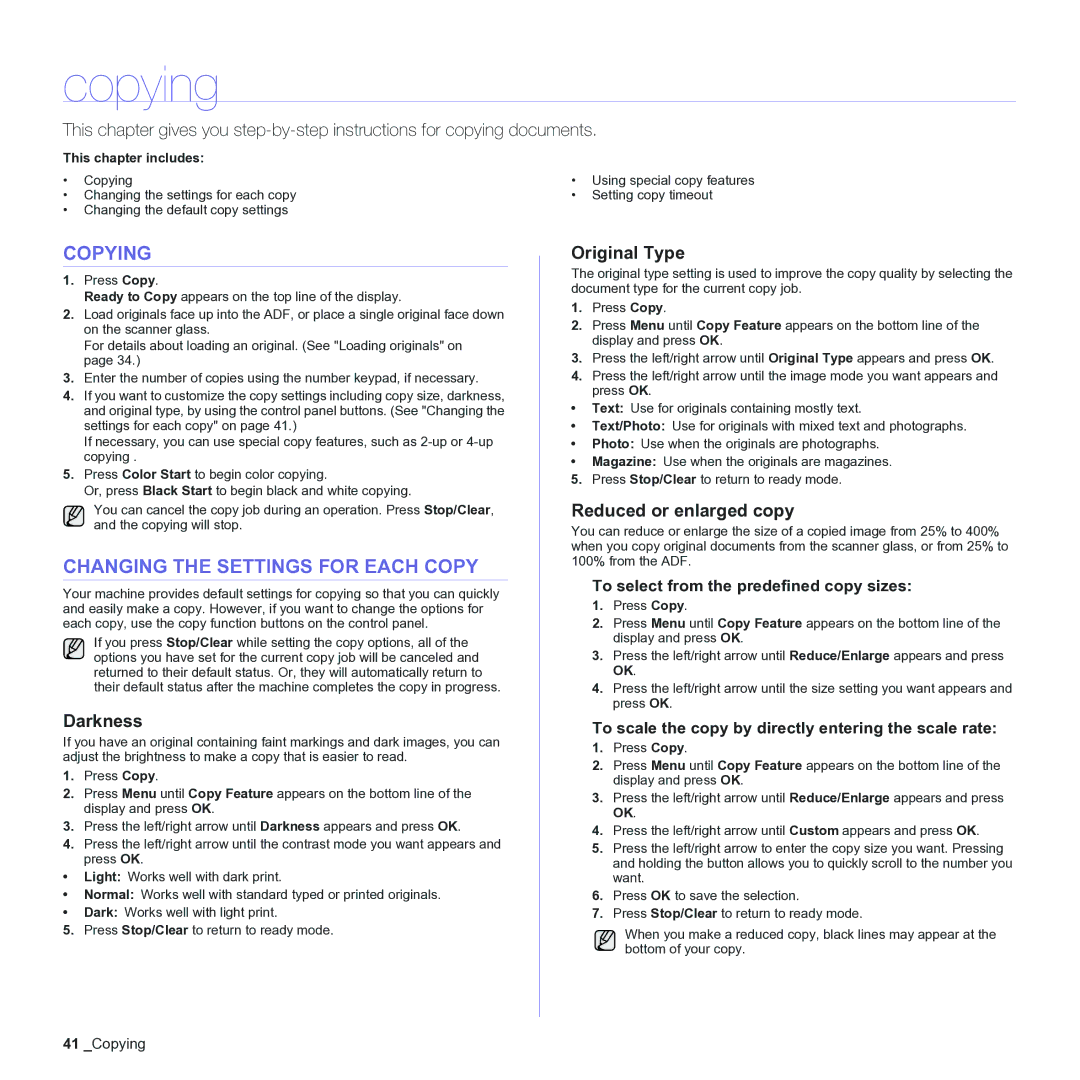 Samsung CLX-3170 manual Copying, Changing the Settings for Each Copy 