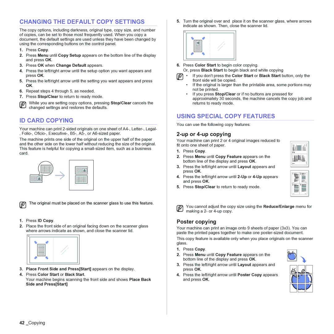 Samsung CLX-3170 Changing the Default Copy Settings, ID Card Copying, Using Special Copy Features, Up or 4-up copying 