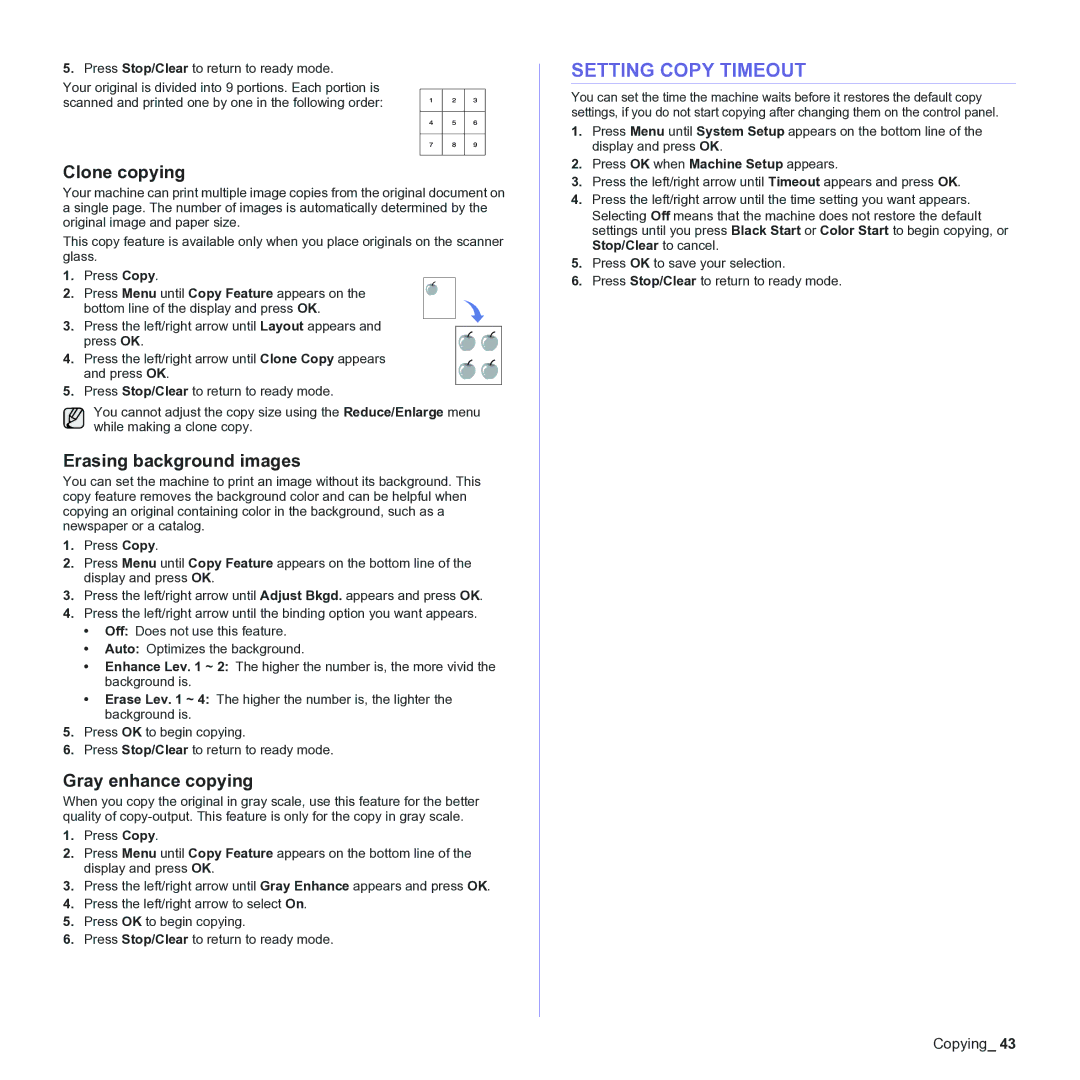 Samsung CLX-3170 manual Setting Copy Timeout, Clone copying, Erasing background images, Gray enhance copying 