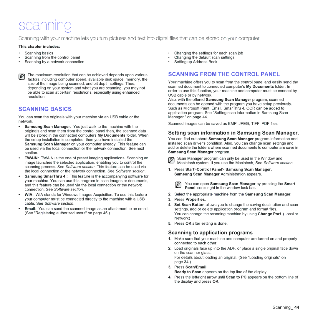 Samsung CLX-3170 Scanning Basics, Scanning from the Control Panel, Setting scan information in Samsung Scan Manager 