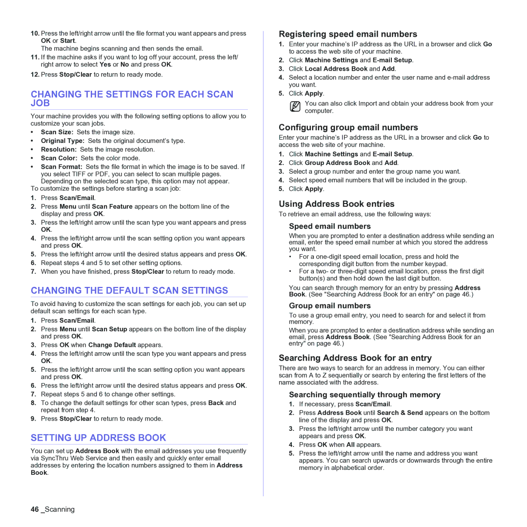 Samsung CLX-3170 Changing the Settings for Each Scan JOB, Changing the Default Scan Settings, Setting UP Address Book 